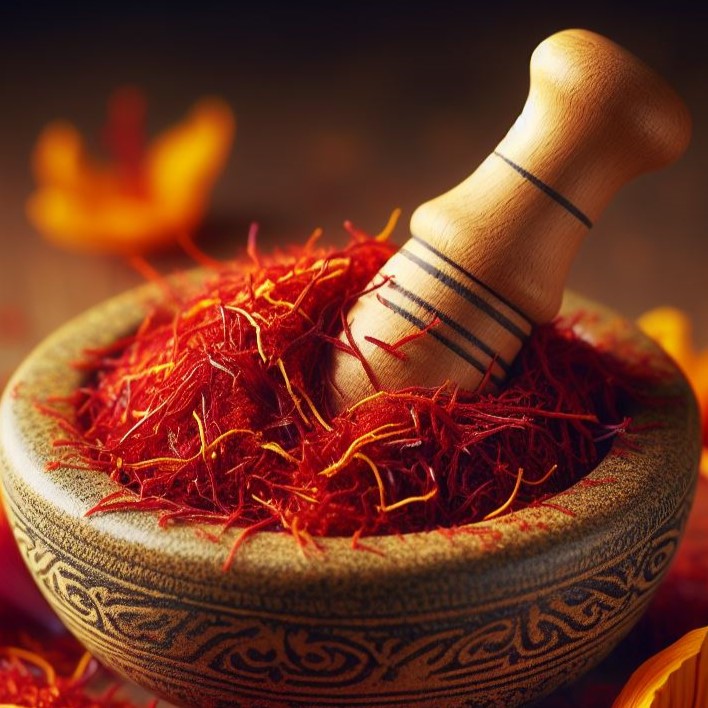 Picture of saffron threads inside a mortar and pestle